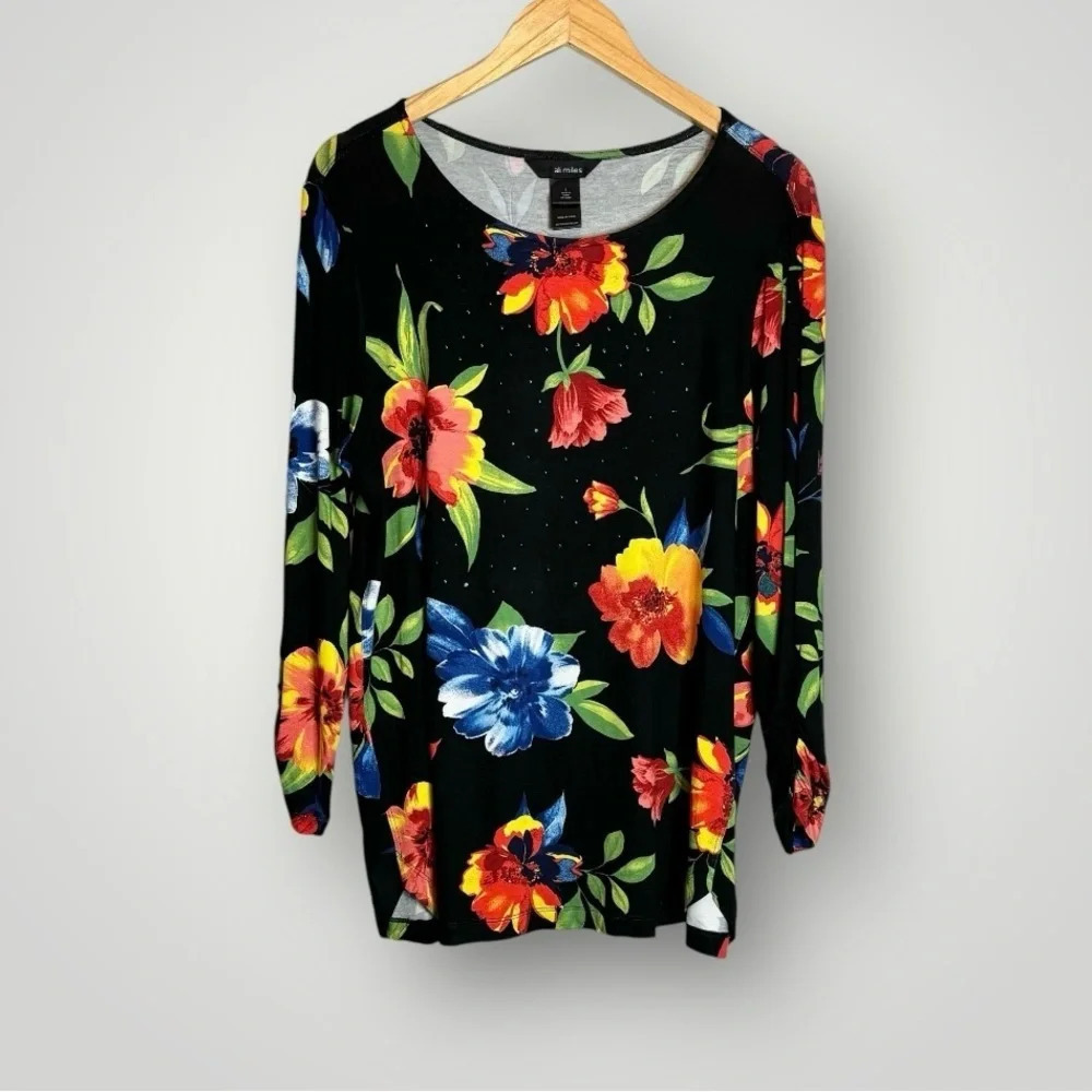 Ali Miles | Knit Tropical Floral Print Tunic Round Neck High Low Hem - Picture 4 of 9